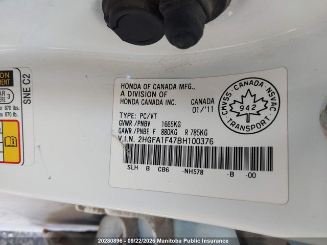 2011 Honda Civic Dx მანქანა იყიდება აუქციონზე, vin: 2HGFA1F47BH100376, აუქციონის ნომერი: 20280896
