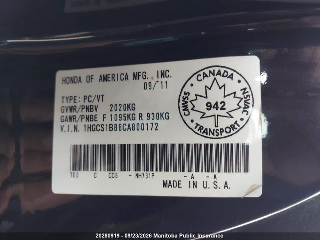 2012 Honda Accord Ex-l მანქანა იყიდება აუქციონზე, vin: 1HGCS1B86CA800172, აუქციონის ნომერი: 20280919