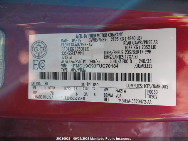 Ford ESCAPE SE 2015 1FMCU9G93FUC70184 Image 9