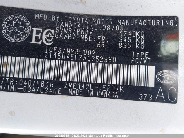 Продаж на аукціоні авто 2010 Toyota Corolla Ce, vin: 2T1BU4EE7AC252960, номер лоту: 20280945