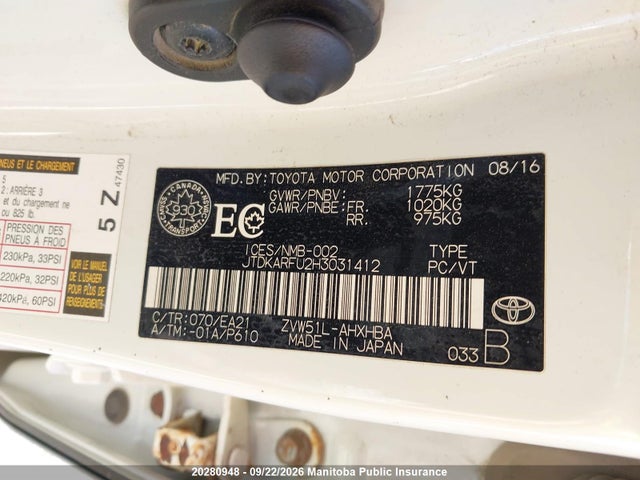 JTDKARFU2H3031412 Toyota Prius
