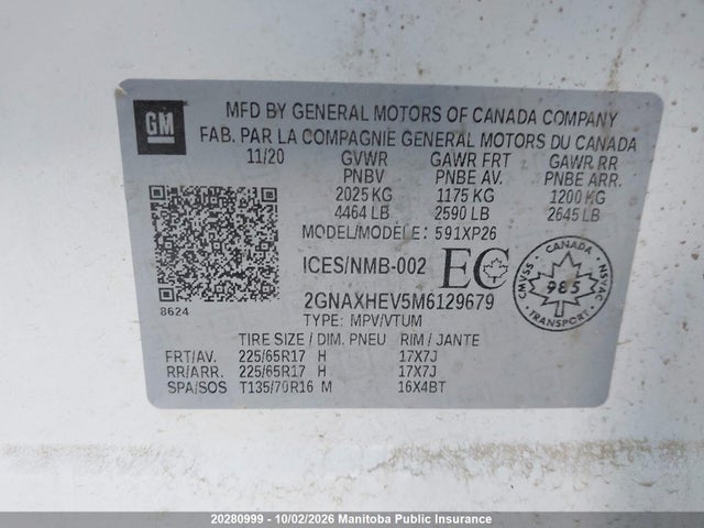 Aukcja sprzedaży 2021 Chevrolet Equinox Ls, vin: 2GNAXHEV5M6129679, numer aukcji: 20280999