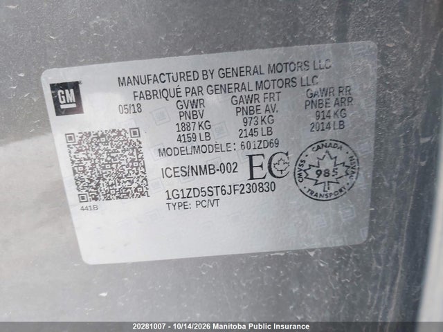 20281007 :رقم المزاد ، 1G1ZD5ST6JF230830 vin ، 2018 Chevrolet Malibu Lt مزاد بيع