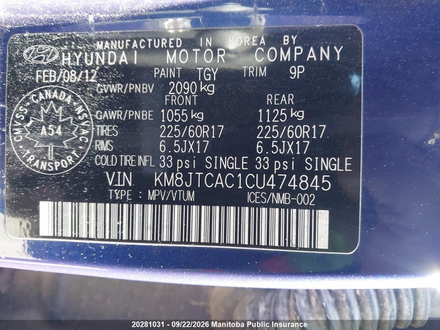 2012 Hyundai Tucson Gl მანქანა იყიდება აუქციონზე, vin: KM8JTCAC1CU474845, აუქციონის ნომერი: 20281031