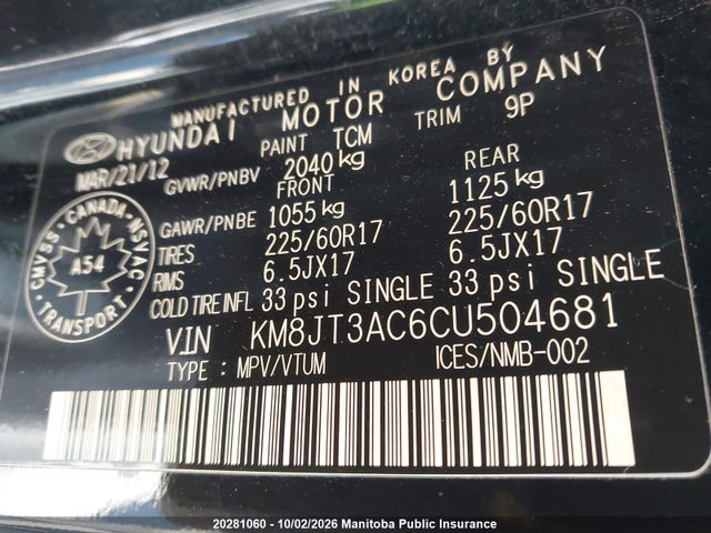 Продаж на аукціоні авто 2012 Hyundai Tucson Gl, vin: KM8JT3AC6CU504681, номер лоту: 20281060