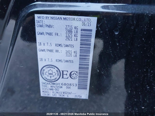 Aukcja sprzedaży 2015 Nissan Pathfinder Sv, vin: 5N1AR2MM1FC680853, numer aukcji: 20281139
