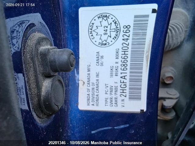 20281346 :رقم المزاد ، 2HGFA16866H024268 vin ، 2006 Honda Civic Ex مزاد بيع
