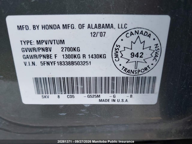 2008 Honda Pilot Se მანქანა იყიდება აუქციონზე, vin: 5FNYF18338B503251, აუქციონის ნომერი: 20281371