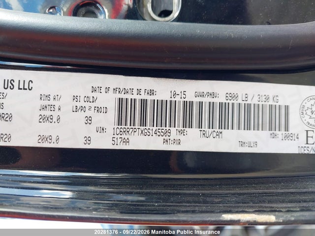 Продажа на аукционе авто 2016 Dodge Ram 1500 Laramie Longhorn Crew, vin: 1C6RR7PTXGS145509, номер лота: 20281376