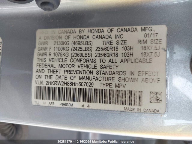 2HKRW2H88HH607029 Honda Cr-v Ex-l
