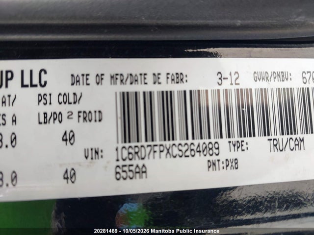 Продажа на аукционе авто 2012 Dodge Ram 1500 Sxt Quad Cab, vin: 1C6RD7FPXCS264089, номер лота: 20281469