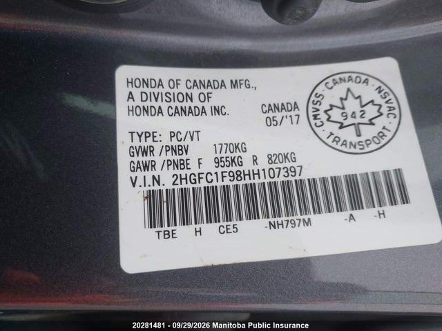Продаж на аукціоні авто 2017 Honda Civic Touring, vin: 2HGFC1F98HH107397, номер лоту: 20281481