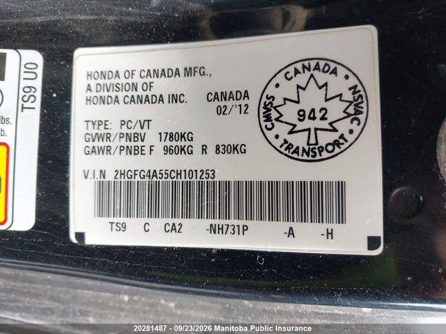 20281487 :رقم المزاد ، 2HGFG4A55CH101253 vin ، 2012 Honda Civic Si Si مزاد بيع