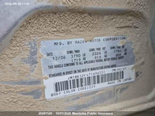 2007 Mazda 3 Mazda Gs მანქანა იყიდება აუქციონზე, vin: JM1BK32F471696551, აუქციონის ნომერი: 20281520