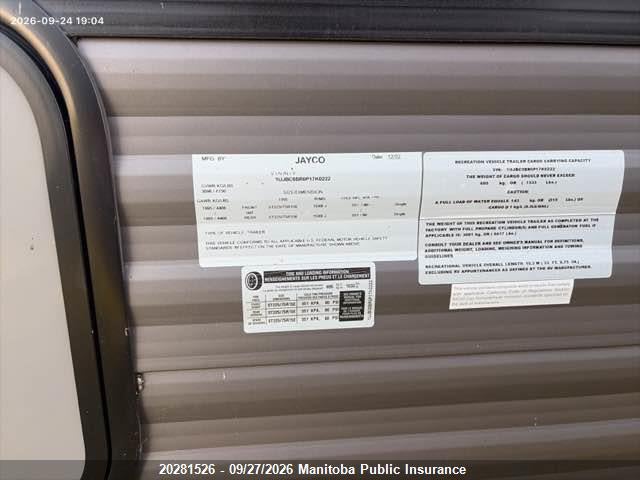 20281526 :رقم المزاد ، 1UJBC0BR0P17K0222 vin ، 2023 Jayco  مزاد بيع
