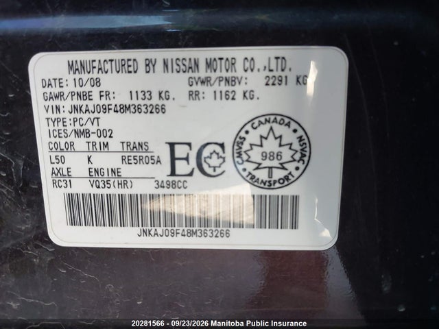 Продаж на аукціоні авто 2008 Infiniti Ex35, vin: JNKAJ09F48M363266, номер лоту: 20281566