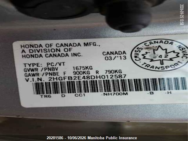 20281586 :رقم المزاد ، 2HGFB2E48DH012587 vin ، 2013 Honda Civic Lx مزاد بيع