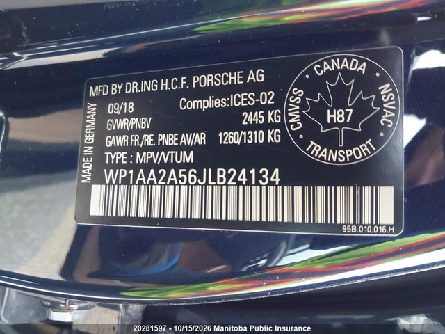 2018 Porsche Macan მანქანა იყიდება აუქციონზე, vin: WP1AA2A56JLB24134, აუქციონის ნომერი: 20281597