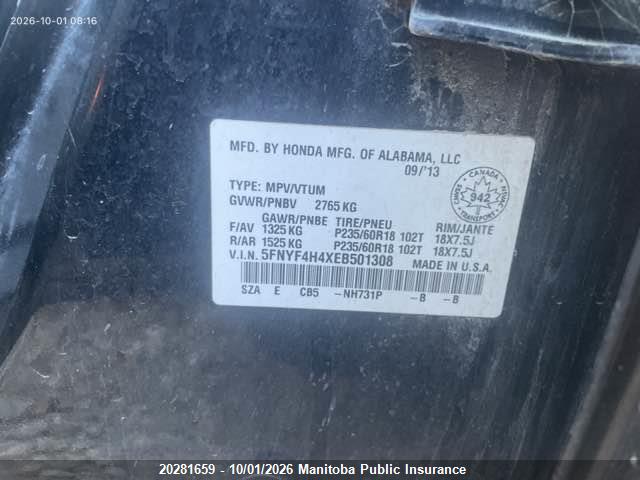 20281659 :رقم المزاد ، 5FNYF4H4XEB501308 vin ، 2014 Honda Pilot Ex مزاد بيع