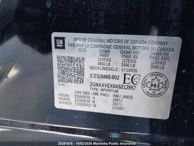 2019 Chevrolet Equinox Lt 2.0t მანქანა იყიდება აუქციონზე, vin: 2GNAXVEX6K6212857, აუქციონის ნომერი: 20281678