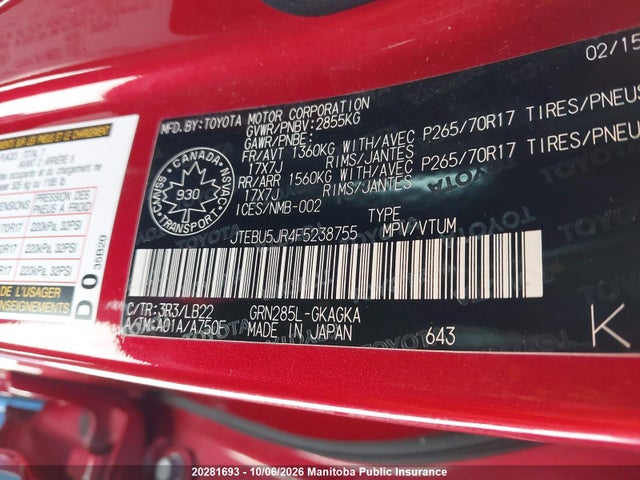 Aukcja sprzedaży 2015 Toyota 4runner Sr5 V6, vin: JTEBU5JR4F5238755, numer aukcji: 20281693