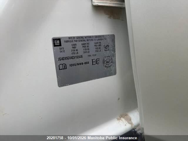 Продажа на аукционе авто 2012 Buick Regal Gs, vin: 2G4GV5GV4C9192446, номер лота: 20281758