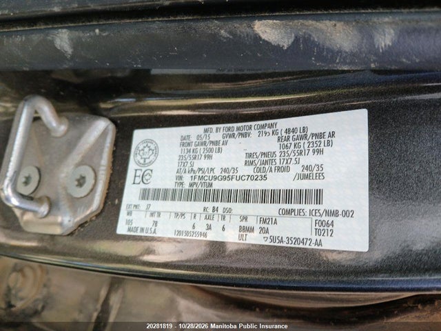20281819 :رقم المزاد ، 1FMCU9G95FUC70235 vin ، 2015 Ford Escape Se مزاد بيع