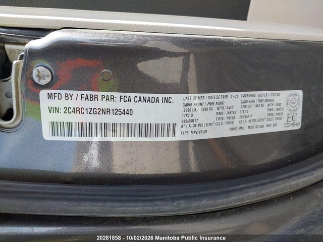 Aukcja sprzedaży 2022 Chrysler Grand Caravan Sxt, vin: 2C4RC1ZG2NR125440, numer aukcji: 20281858