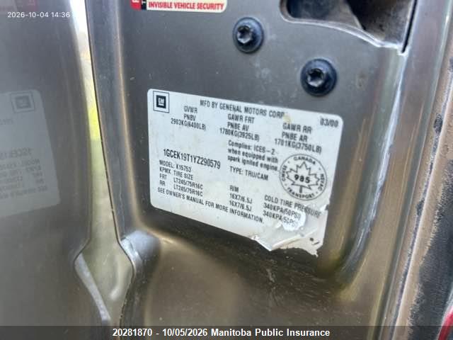 Aukcja sprzedaży 2000 Chevrolet Silverado 1500 Ext Cab, vin: 1GCEK19T1YZ290579, numer aukcji: 20281870