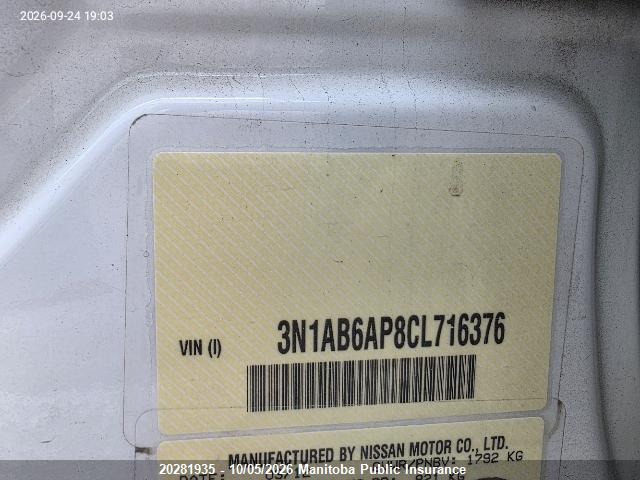 Aukcja sprzedaży 2012 Nissan Sentra 2.0, vin: 3N1AB6AP8CL716376, numer aukcji: 20281935