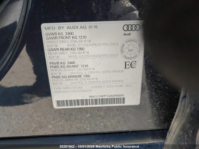 Продажа на аукционе авто 2016 Audi Q5, vin: WA1L2AFP1GA096656, номер лота: 20281942