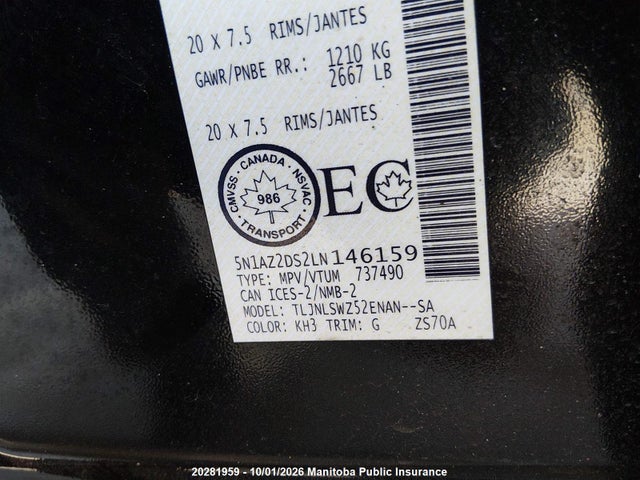 20281959 :رقم المزاد ، 5N1AZ2DS2LN146159 vin ، 2020 Nissan Murano Platinum مزاد بيع