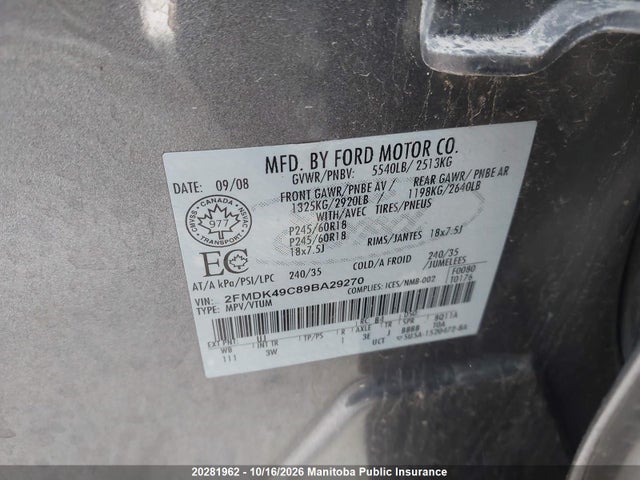 20281962 :رقم المزاد ، 2FMDK49C89BA29270 vin ، 2009 Ford Edge Limited مزاد بيع