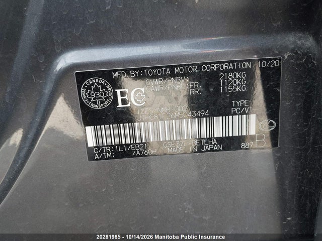 Aukcja sprzedaży 2021 Lexus Is 300 300, vin: JTHC81F26M5043494, numer aukcji: 20281985