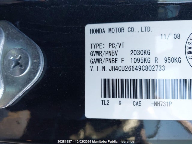 20281987 :رقم المزاد ، JH4CU26649C802733 vin ، 2009 Acura Tsx مزاد بيع