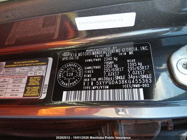 Aukcja sprzedaży 2019 Kia Sorento Lx, vin: 5XYPGDA38KG455363, numer aukcji: 20282012