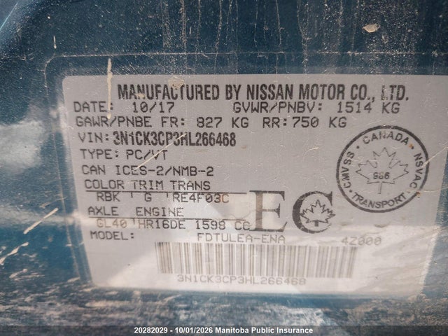 Продажа на аукционе авто 2017 Nissan Micra Sv, vin: 3N1CK3CP3HL266468, номер лота: 20282029