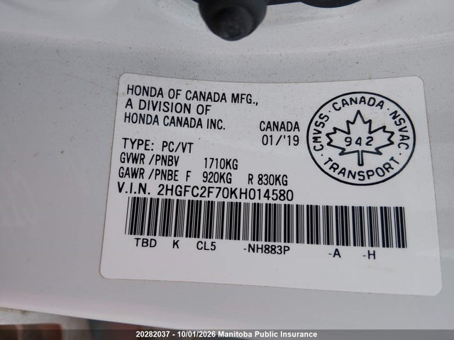 2HGFC2F70KH014580 Honda CIVIC EX