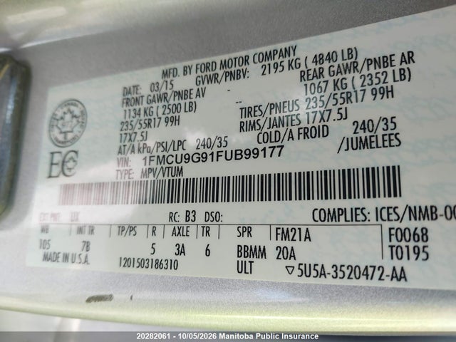 Ford ESCAPE SE 2015 1FMCU9G91FUB99177 Image 9