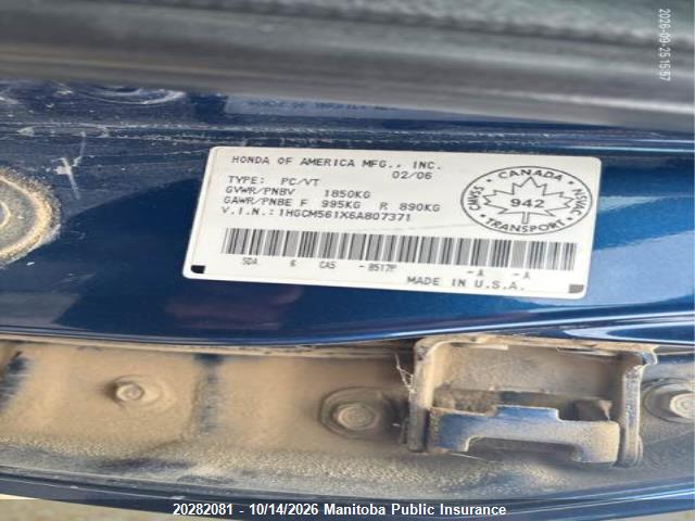 Продаж на аукціоні авто 2006 Honda Accord Dx, vin: 1HGCM561X6A807371, номер лоту: 20282081