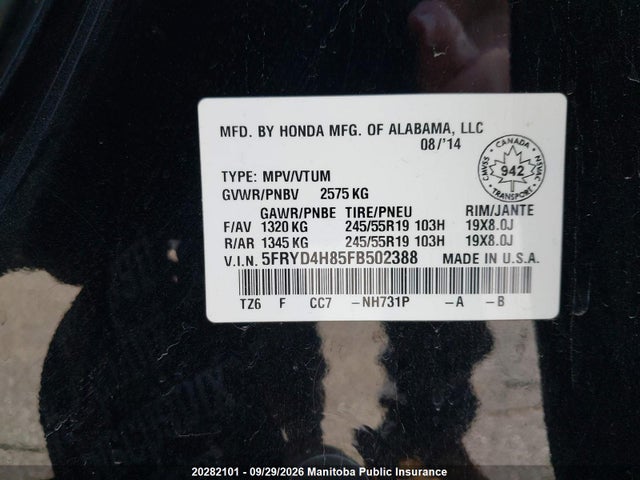 Aukcja sprzedaży 2015 Acura Mdx Tech, vin: 5FRYD4H85FB502388, numer aukcji: 20282101