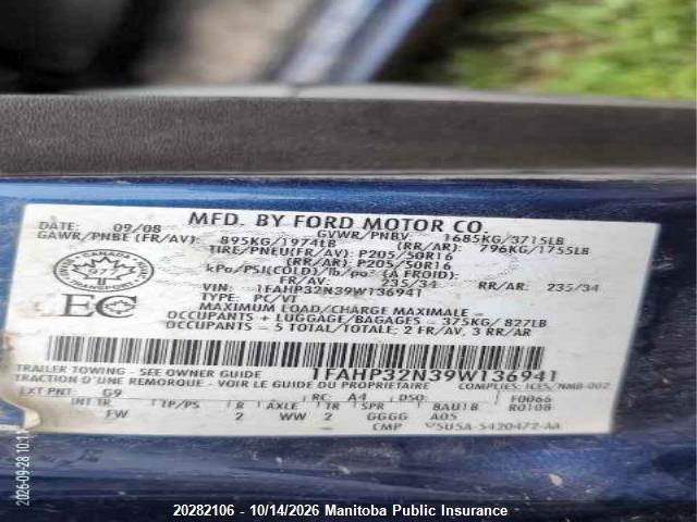 Aukcja sprzedaży 2009 Ford Focus Se, vin: 1FAHP32N39W136941, numer aukcji: 20282106