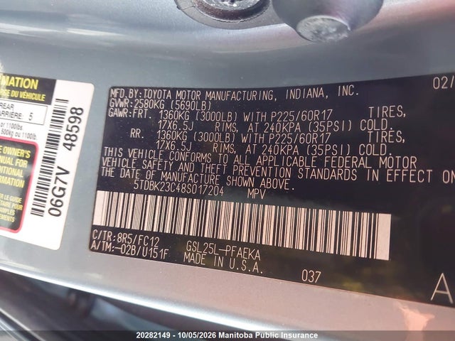 Aukcja sprzedaży 2008 Toyota Sienna Le V6, vin: 5TDBK23C48S017204, numer aukcji: 20282149