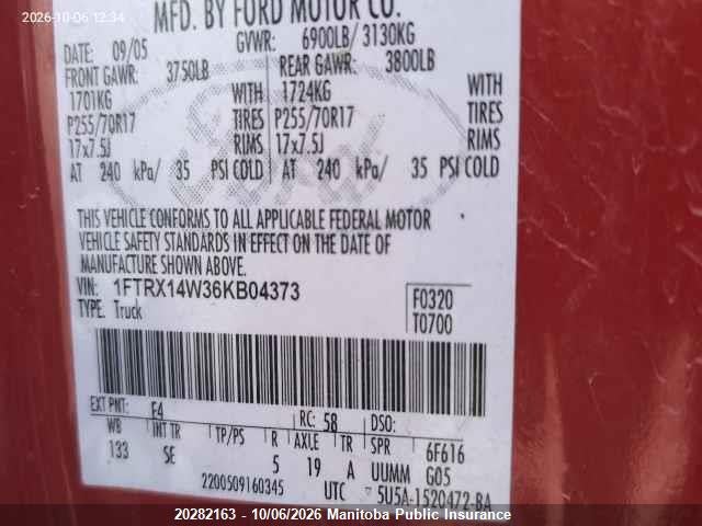 20282163 :رقم المزاد ، 1FTRX14W36KB04373 vin ، 2006 Ford F150 Xl Supercab مزاد بيع