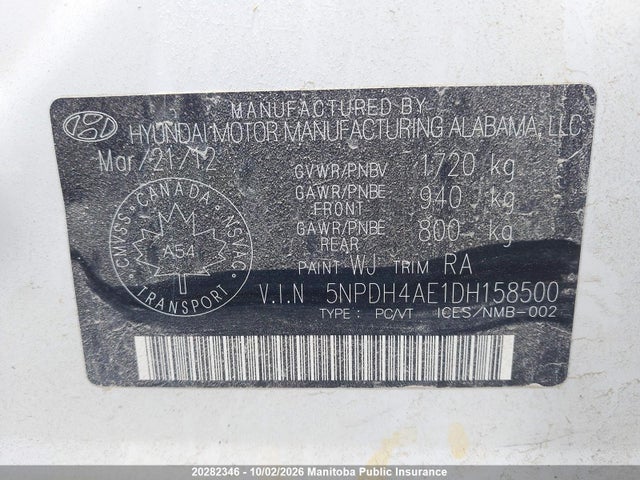 Продаж на аукціоні авто 2013 Hyundai Elantra Gls/limited, vin: 5NPDH4AE1DH158500, номер лоту: 20282346