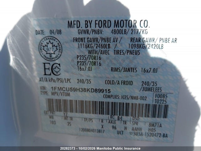 20282373 :رقم المزاد ، 1FMCU59H38KD89915 vin ، 2008 Ford Escape Hev مزاد بيع