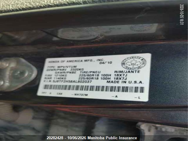 Aukcja sprzedaży 2010 Honda Accord Crosstour Ex-l V6, vin: 5J6TF2H58AL802037, numer aukcji: 20282428