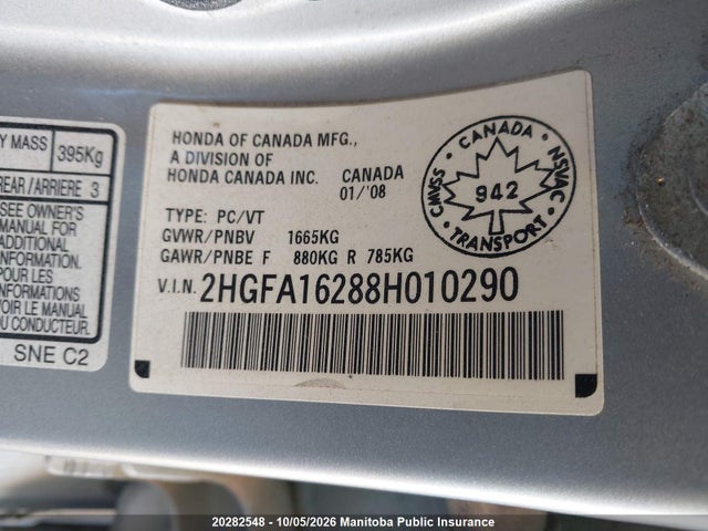 20282548 :رقم المزاد ، 2HGFA16288H010290 vin ، 2008 Honda Civic Dx مزاد بيع