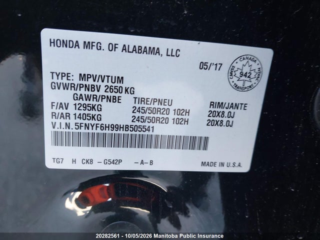 Продажа на аукционе авто 2017 Honda Pilot Touring, vin: 5FNYF6H99HB505541, номер лота: 20282561
