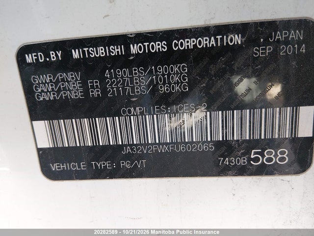 20282589 :رقم المزاد ، JA32V2FWXFU602065 vin ، 2015 Mitsubishi Lancer Se مزاد بيع